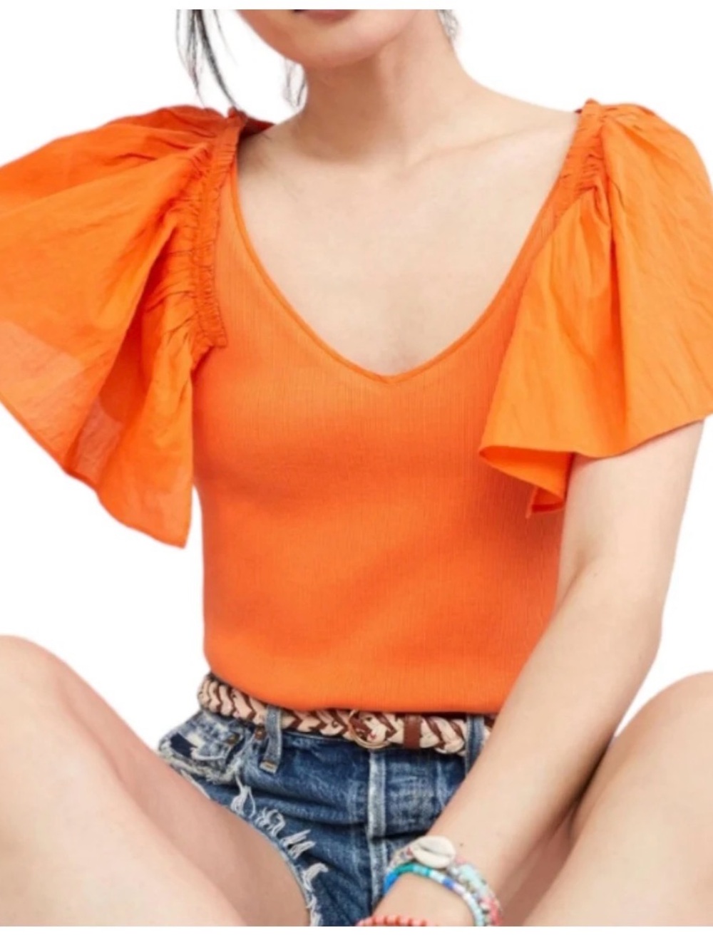 Anthropologie Maeve Bright Orange Flutter Sleeve V-Neck Tank